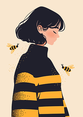 Girl with Bees Cute Minimalist Art Illustration