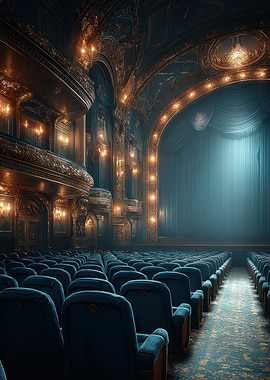 Ornate Theater Interior with Blue Seats