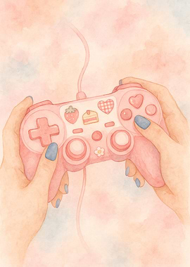 Pink Game Controller Watercolor Illustration