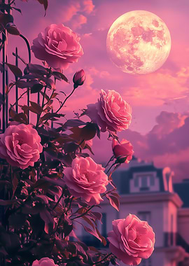 Pink Roses and Moonlit Sky