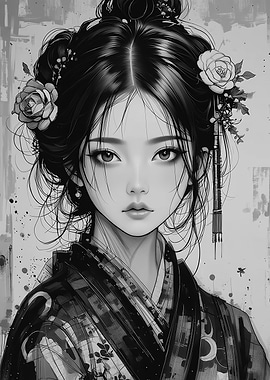 Monochrome Asian Woman Portrait with Flowers