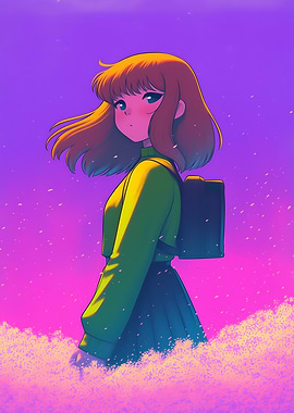 Anime Girl with Backpack in Field