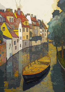 Boat in Canal with Buildings