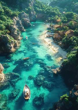 Tropical Cove with Boats and Village