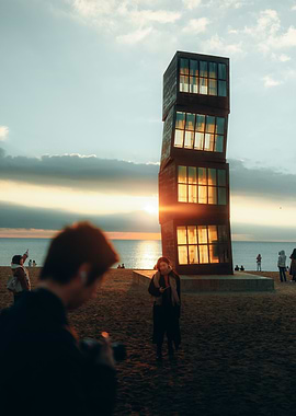 Candid Sunset at Beach Sculpture – Barcelona, Spain
