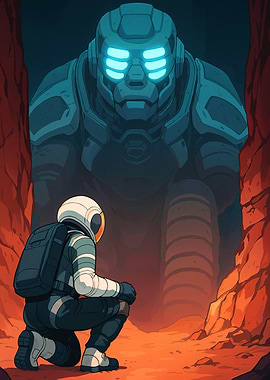 Astronaut and Giant Robot on Mars