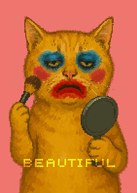 'Beautiful' Funny Cat with Makeup Pixel Art Illustration