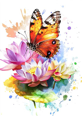 Butterfly on Lotus Flowers Watercolor Painting