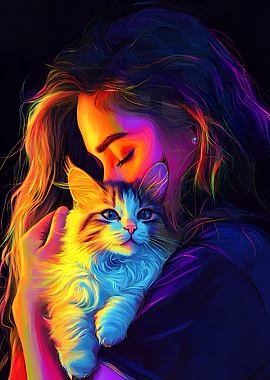 Girl Holding Cat with Neon Colors