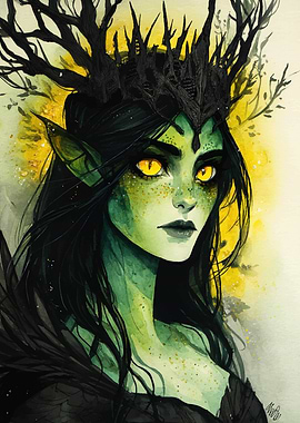 Green-skinned woman with tree crown