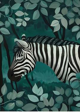 Zebra in Teal Forest Illustration