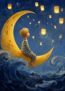 Boy on Moon with Lanterns