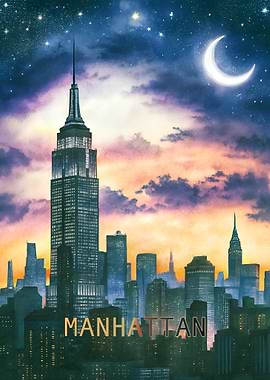 Manhattan Skyline with Psychedelic Night Sky - Groovy Cityscape