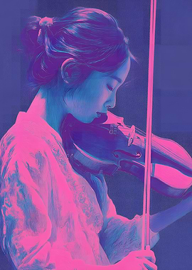 Woman playing violin, pink and blue