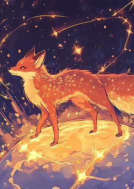 Celestial Fox Standing on Glowing Planet Under a Star-Filled Sky