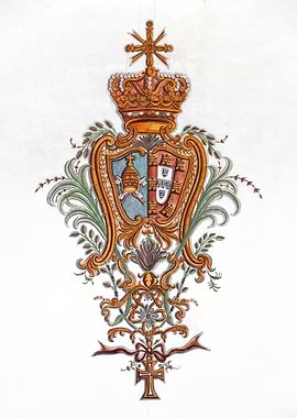 18th Century Ornate Portugal Royal Coat of Arms with Cruz de Cristo or Cross of Christ and Vatican Symbol. Obidos, Portugal. Proud Portuguese Patriot.