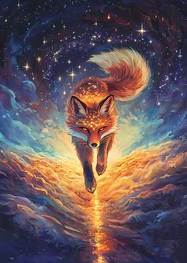 Celestial Fox Running Through Starry Sky