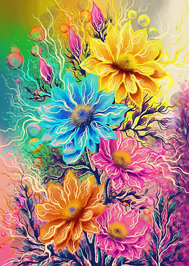 Floral Symphony: Abstract Nature-Inspired Digital Artwork with Glowing Accents