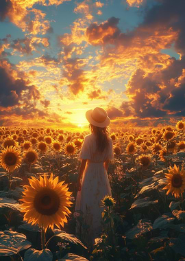 Sunflower field at sunset with woman