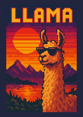 Cool Llama Retro Pixel Art Illustration Sunset Background