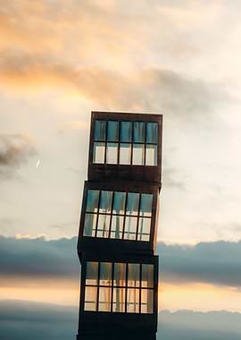 Sunset Over Cubic Tower Sculpture – Barcelona, Spain