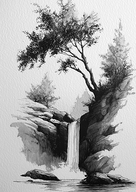 Monochrome Waterfall Landscape Drawing