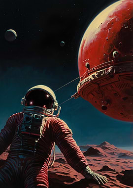 Astronaut on Mars: Tethered to a Red Orbital Station Under Twin Moons