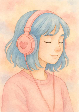 Girl with Headphones Watercolor Illustration