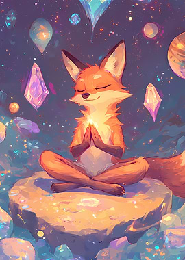 Cartoon Meditating Fox in a Cosmic Scene with Planets and Crystals