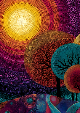 Colorful Dot Landscape with Sun and Trees