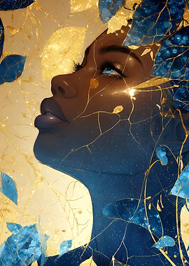 Woman with Gold and Blue Leaves