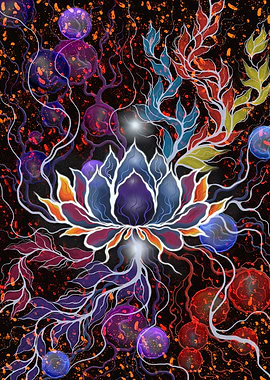 Radiant Lotus Harmony: Abstract Expressionist Digital Artwork - Lotus Flower with Orbs