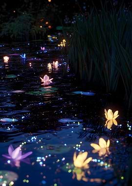 Night Pond with Glowing Lily Pads