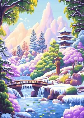Pixel Art Winter Japanese Garden Landscape