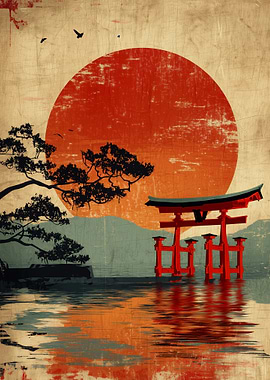Japanese Torii Gate Sunset Landscape Art