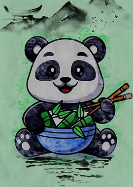 Cute Panda with Bamboo and Chopsticks
