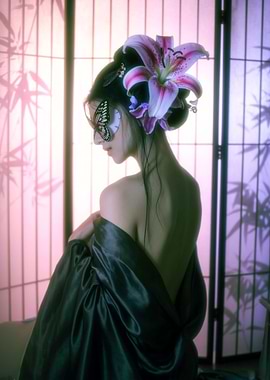 Woman with Butterfly Mask and Lily