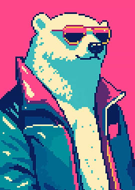 Cool Retro Polar Bear Pixel Art Illustration