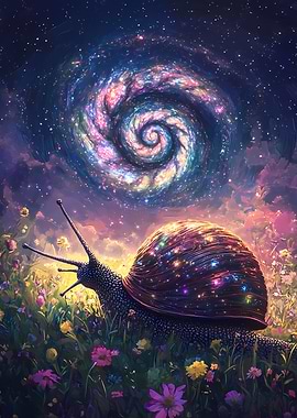 Starry-Shelled Snail in a Colorful Flower Field Beneath a Spiral Galaxy
