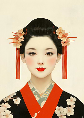 Portrait of a Geisha with Cherry Blossoms