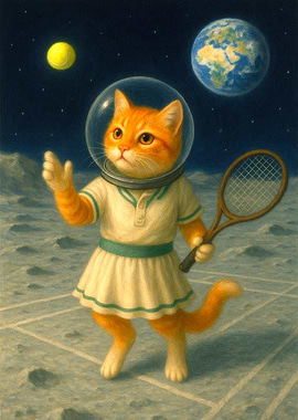 Astronaut Cat Playing Tennis on Moon