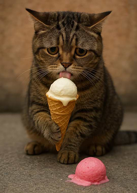 Cat licking ice cream cone