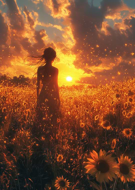 Sunflower field at sunset with woman