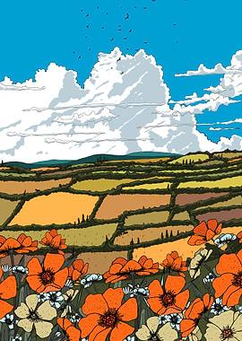 Floral Field Landscape with Cloudy Sky