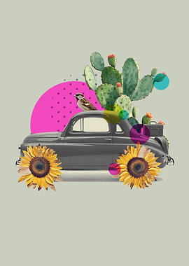Vintage Car with Cactus and Sunflowers