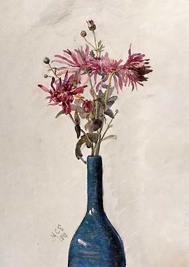 Pink flowers, possibly chrysanthemums, arranged in a bottle