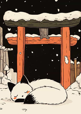 Sleeping Fox in Snowy Shrine