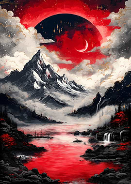 Red Moon Mountain Landscape