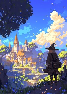 Pixel Art Witch Overlooking Medieval Town