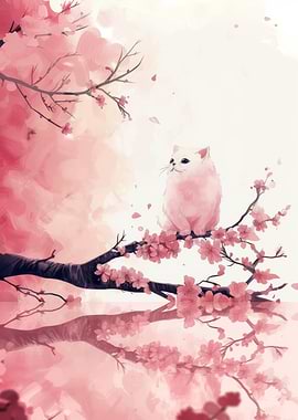 Cat sitting on cherry blossom branch